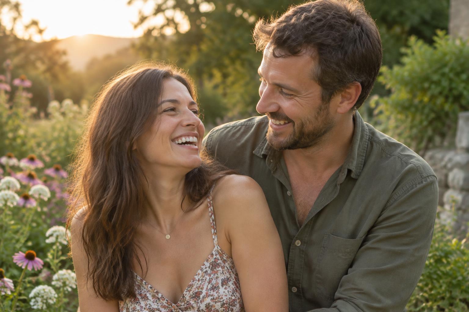 A smiling couple in a sunlit garden